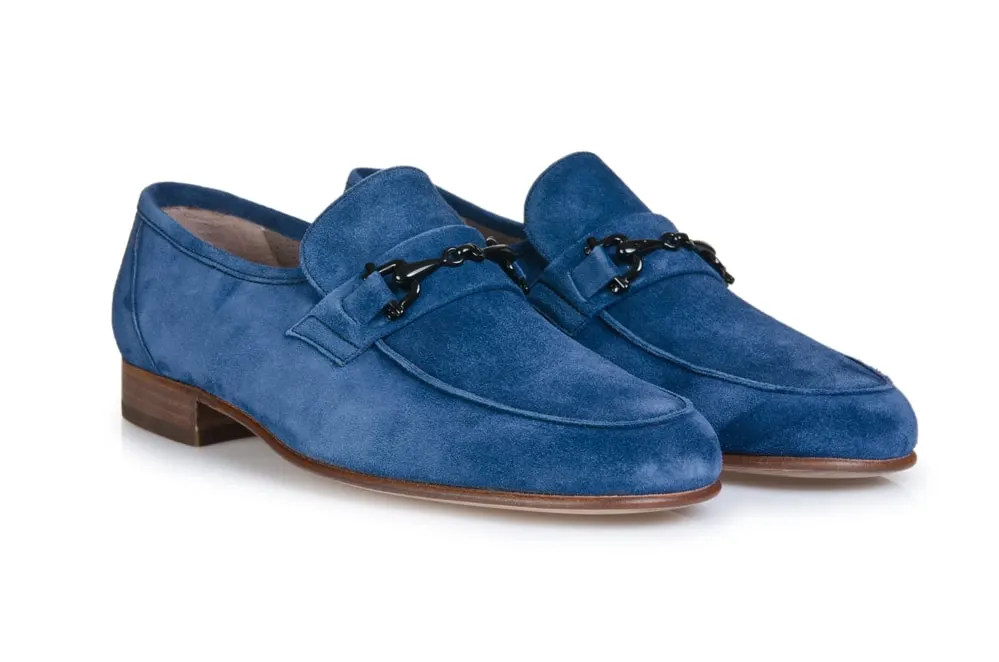 blue suede bit loafers