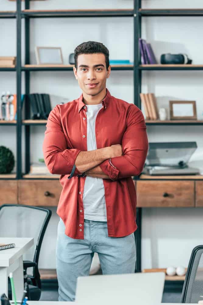 red shirt and blue jeans