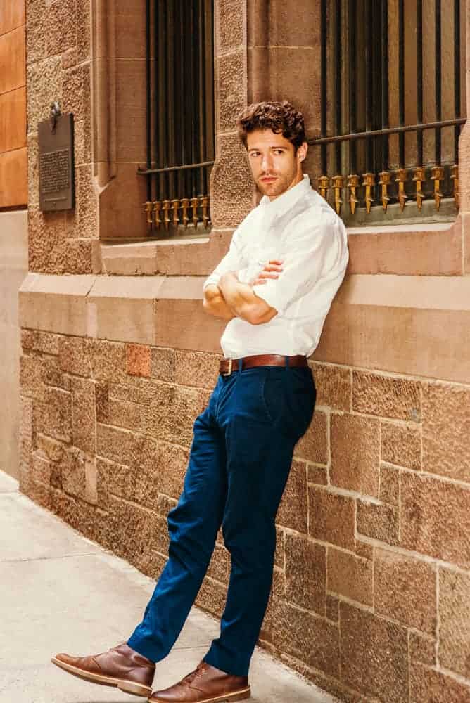 white shirt blue pants brown shoes