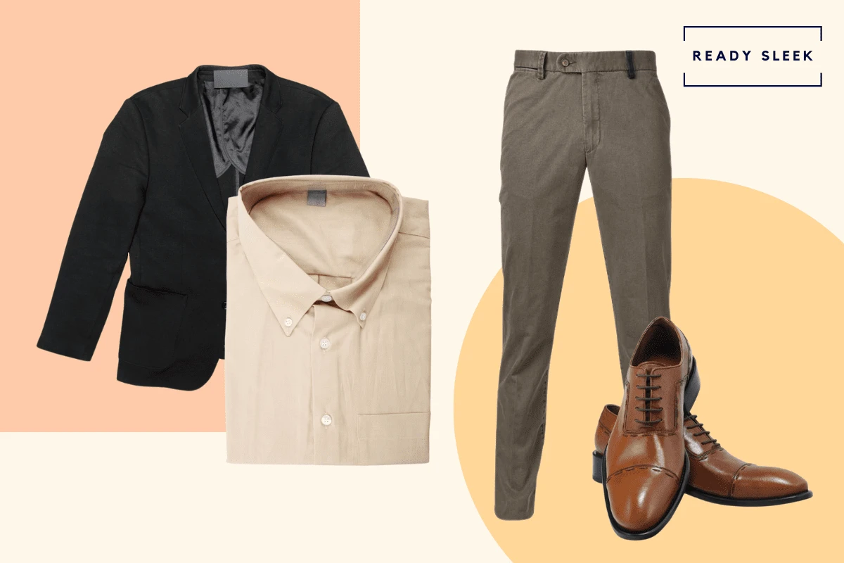 Black blazer with beige shirt, grey chinos and light brown cap toe oxfords