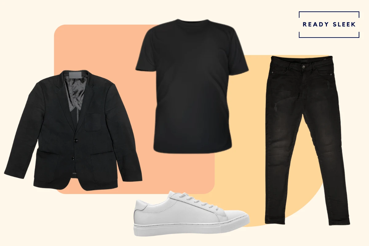 Black blazer with black tshirt, black jeans or chino and white sneakers