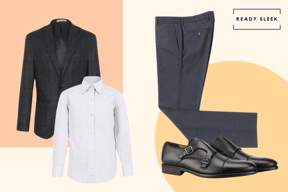 Black blazer with dark grey mens pants, white shirt and black double monkstrap shoes