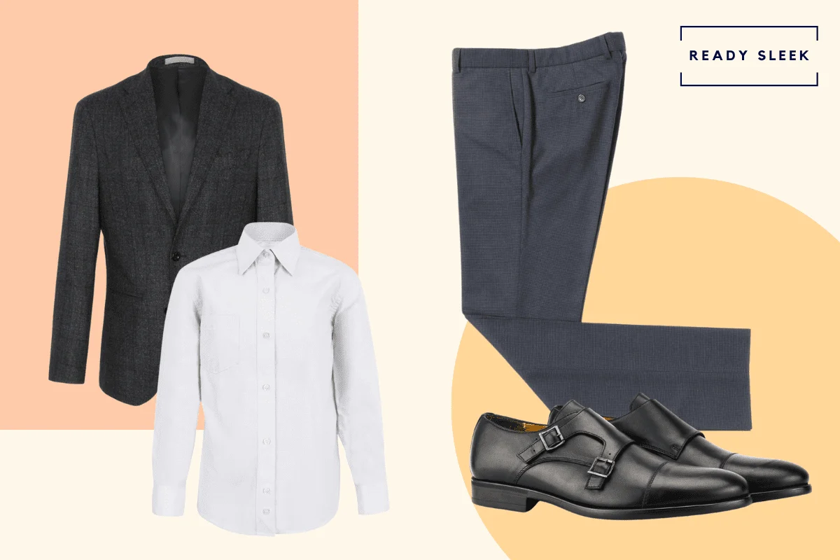 Black blazer with dark grey mens pants, white shirt and black double monkstrap shoes