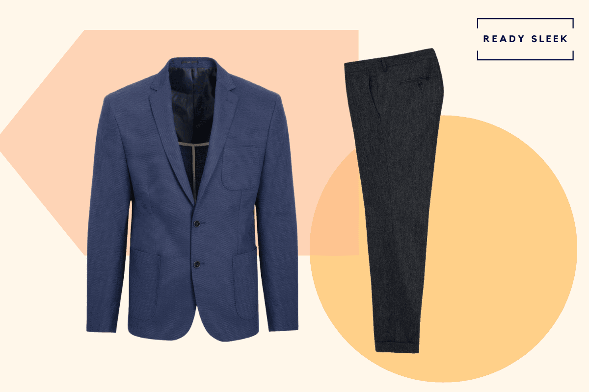 Black pants with navy blue blazer