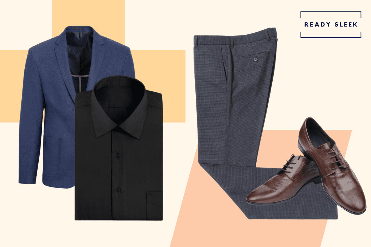 Black shirt with navy blue blazer, dark grey pants and dark brown dress shoes