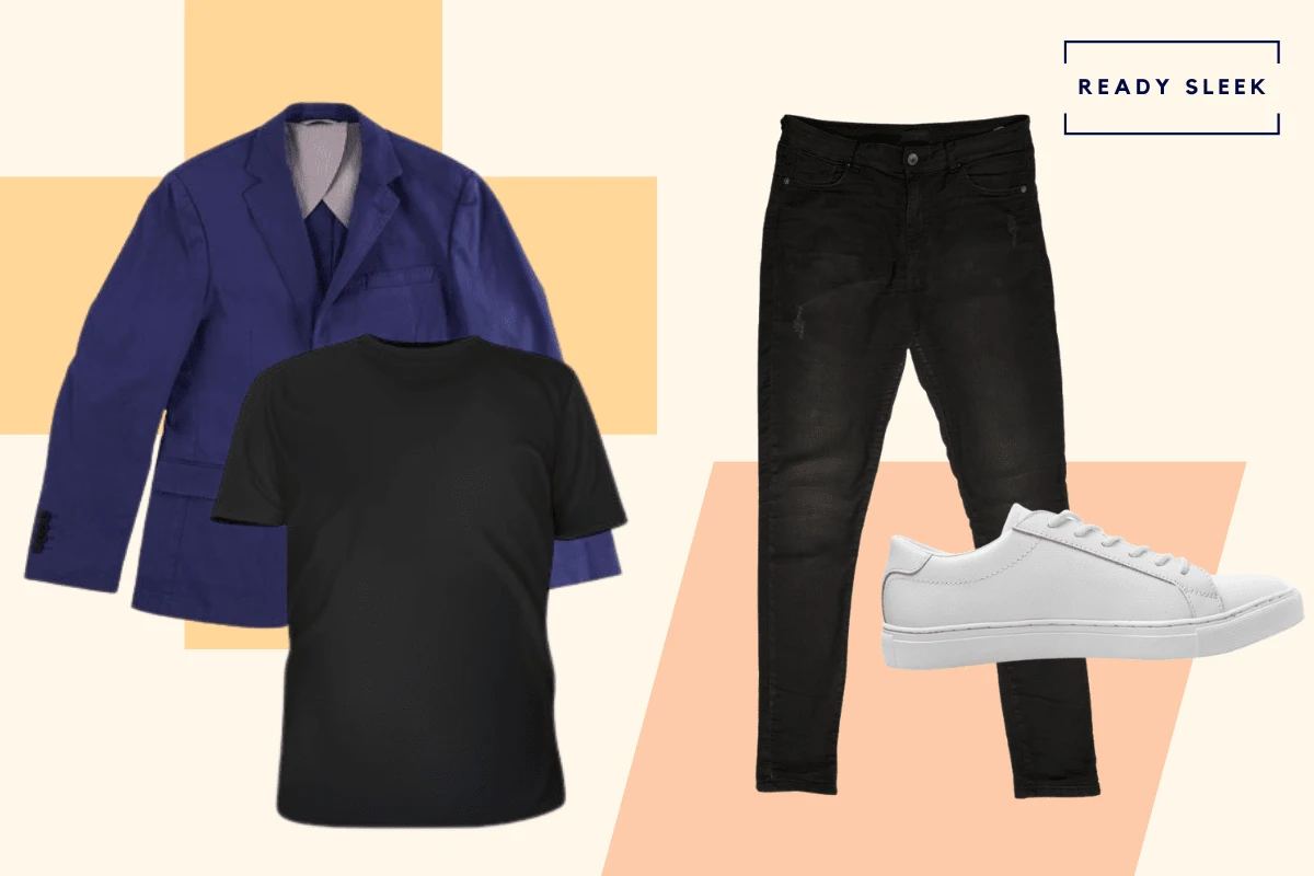 Black tshirt with blue blazer, white sneaker and black chino or jeans