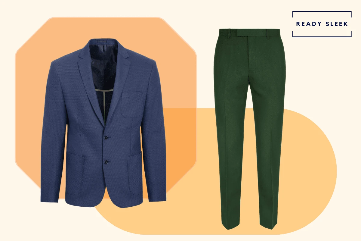 Dark green pants with navy blue blazer