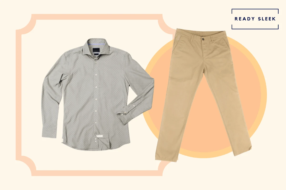 Khaki pants with light grey shirt