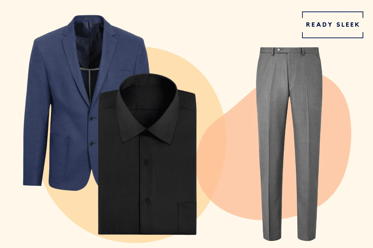 Navy blue blazer with black shirt and slate grey pants