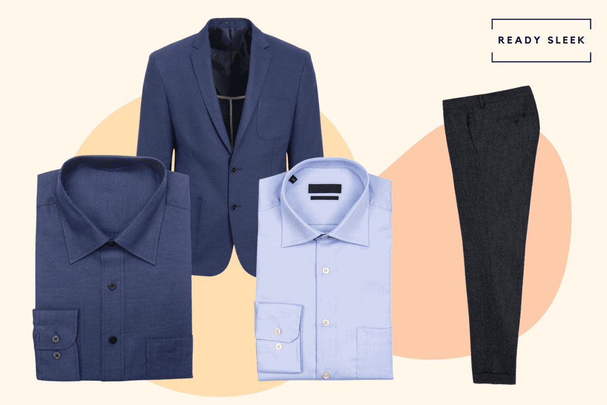 Navy blue blazer with light blue shirt, navy blue shirt and black pants