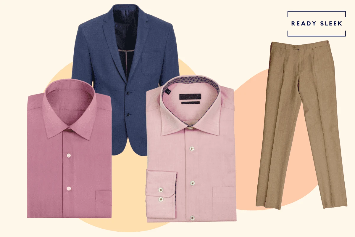 Navy blue blazer with pink shirt and khaki pants