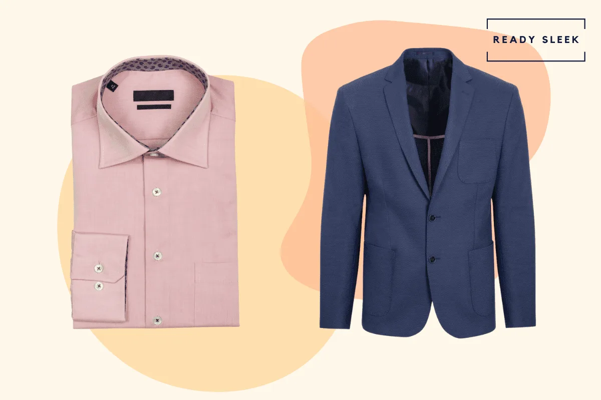 Pink shirt with navy blue blazer