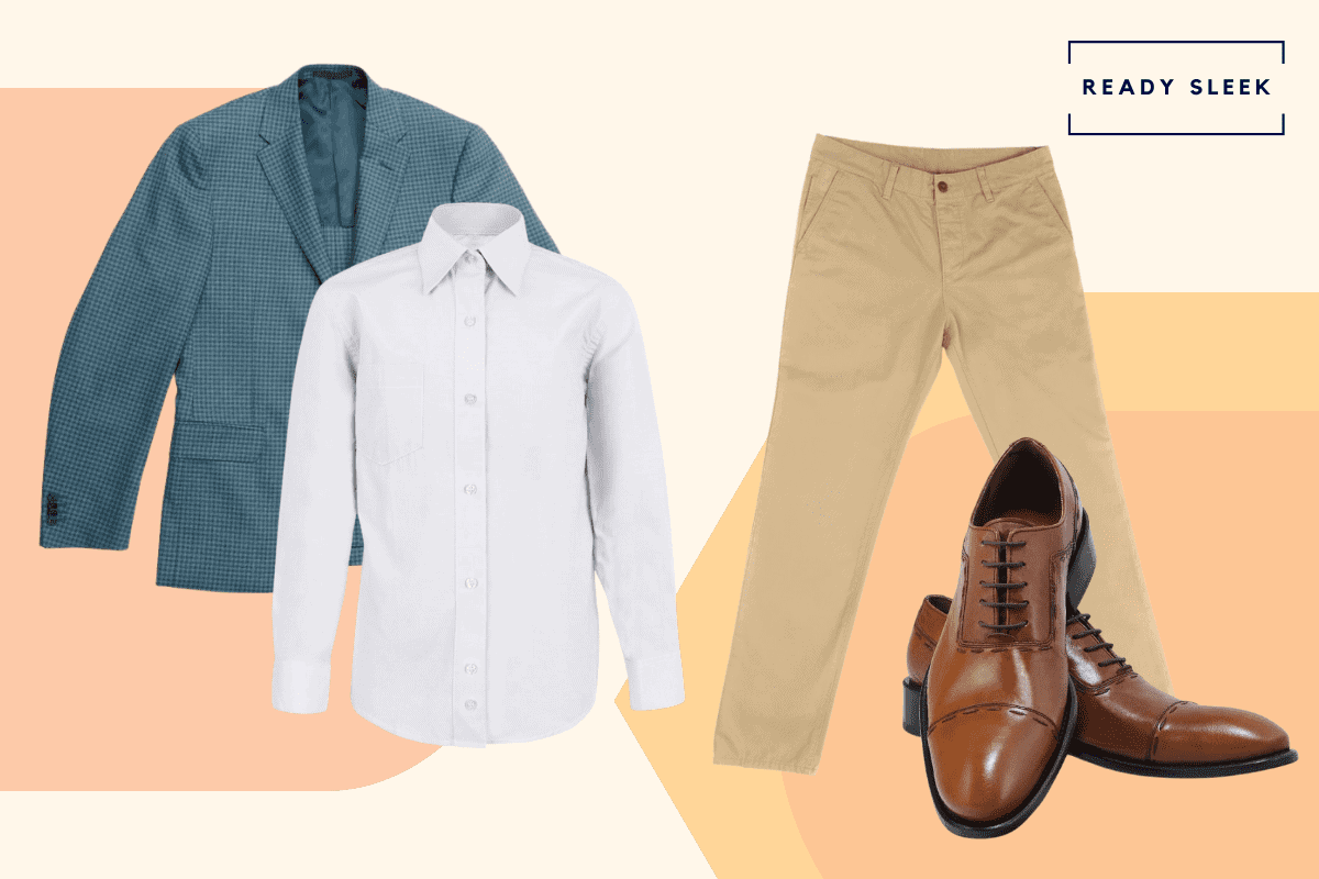 White shirt with light blue blazer, khaki pants and light brown cap toe oxford