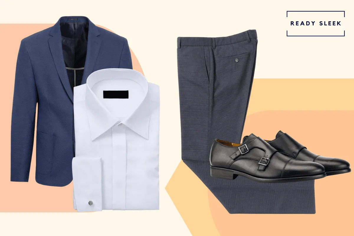 White shirt with navy blue blazer, dark grey pants and double monkstrap shoes