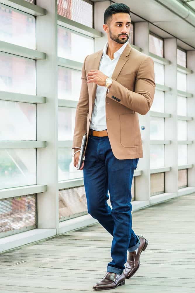 blue pants brown shoes and brown blazer