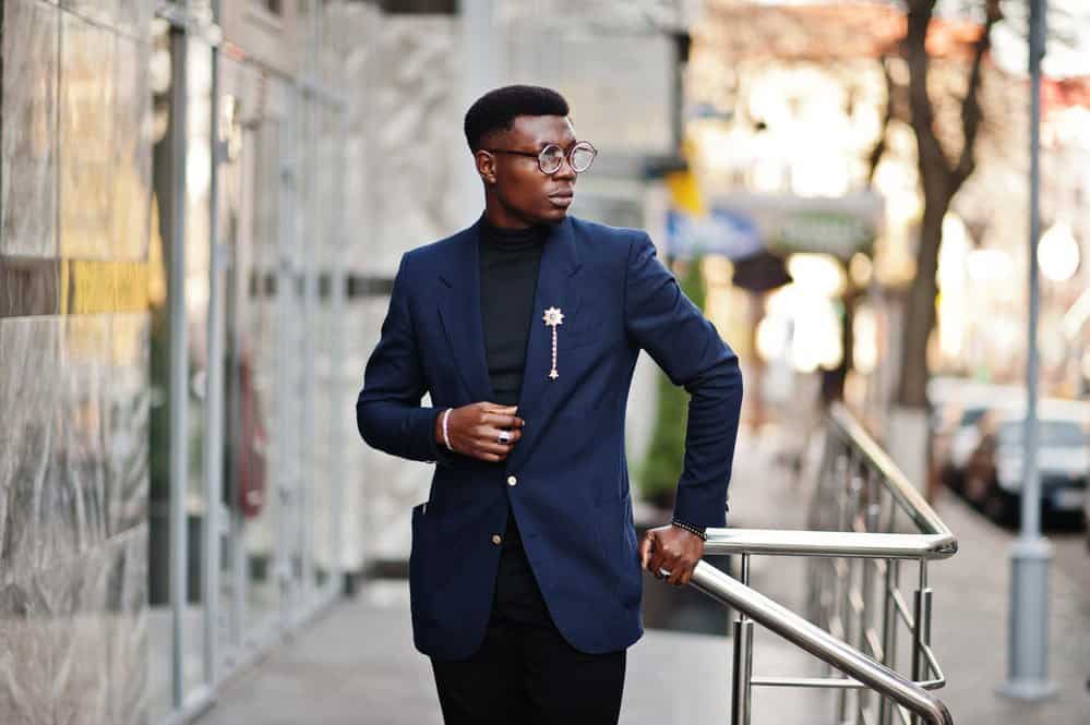 navy blue blazer and black shirt mock neck