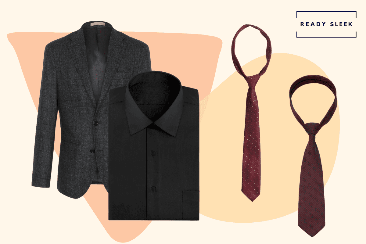 Black suit with black shirt and burgundy or maroon tie