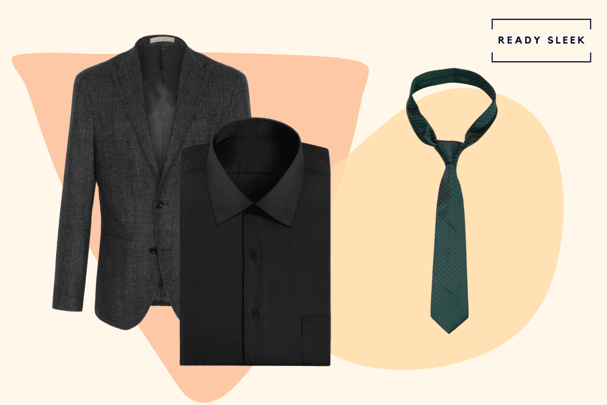 Black suit with black shirt and forest green tie