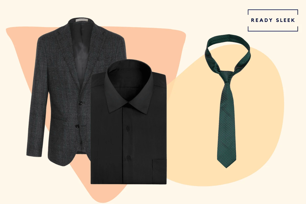 Black suit with black shirt and forest green tie