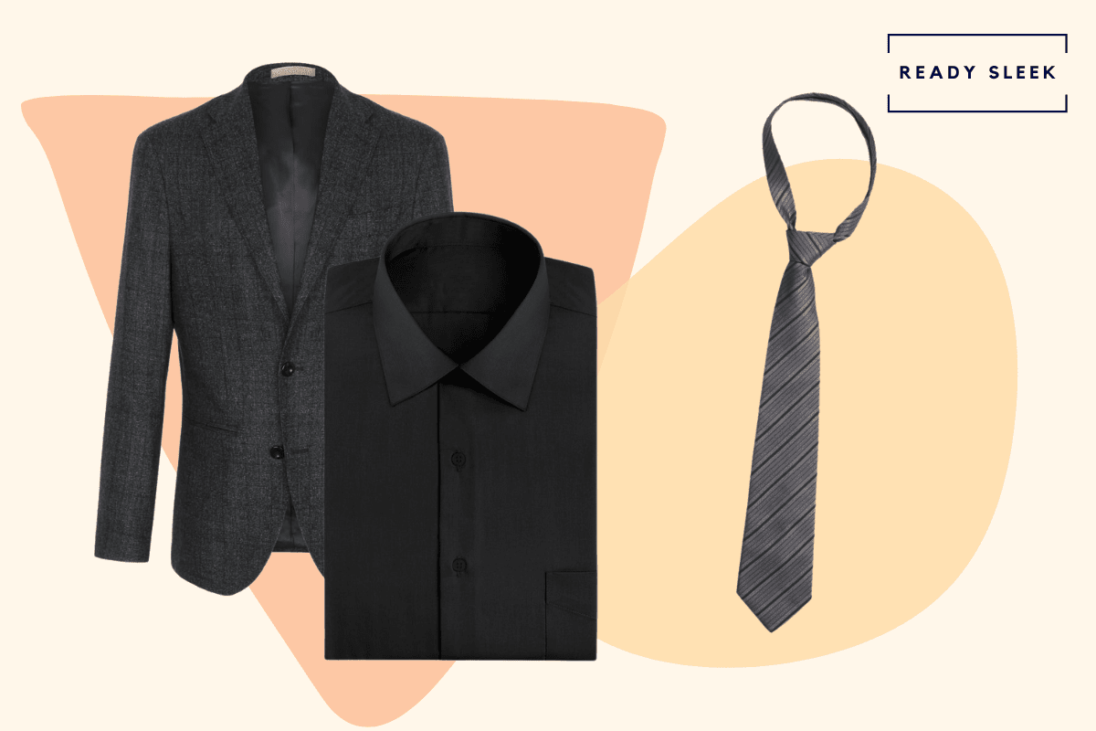 Black suit with black shirt and slate grey tie