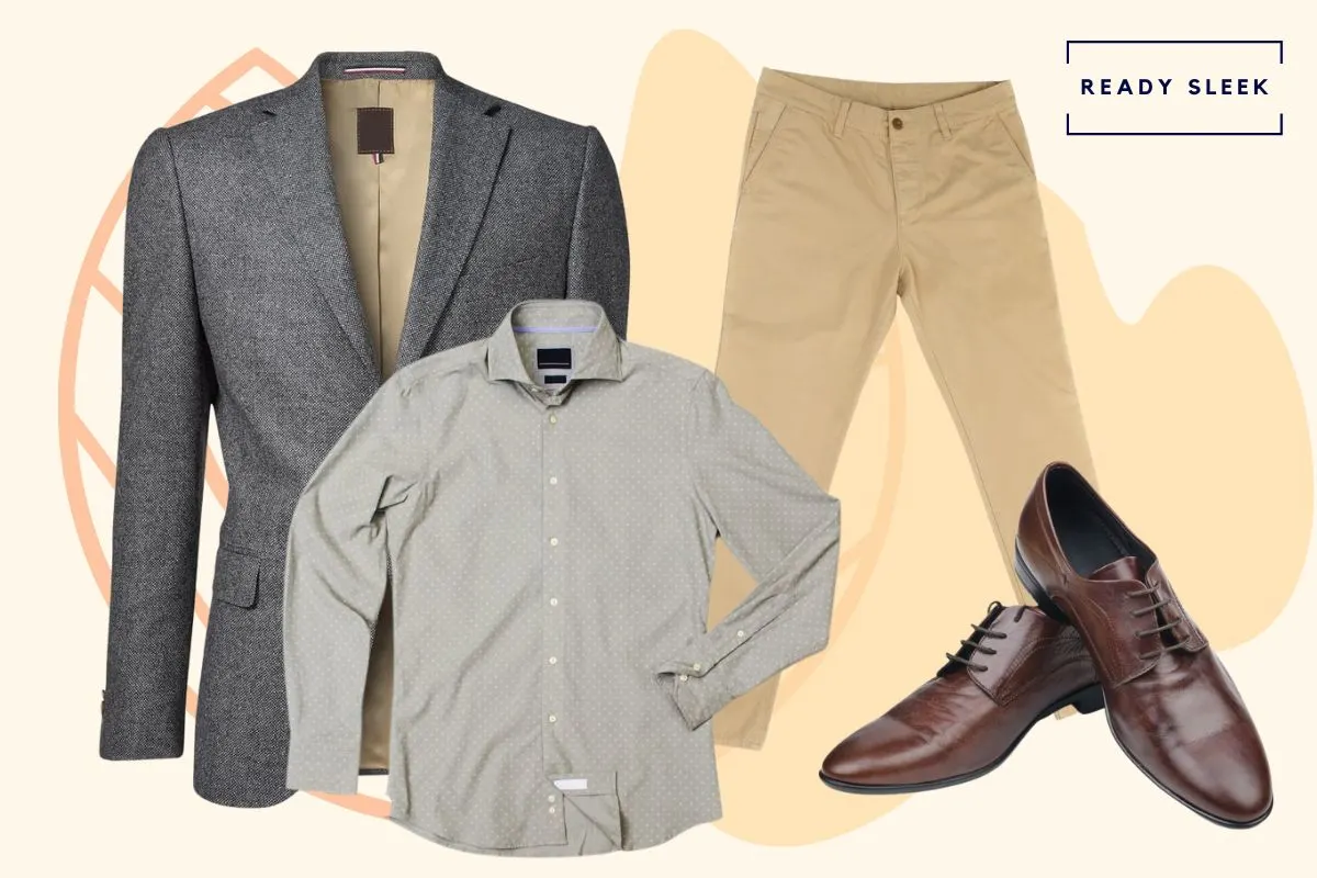 Dark grey blazer with light grey shirt, khaki pants and dark brown dress shoes