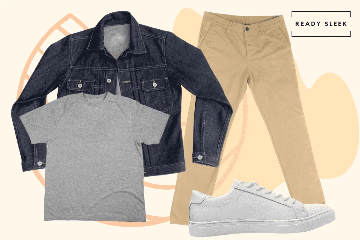 Grey tshirt with denim jacket, khaki pants and white sneakers