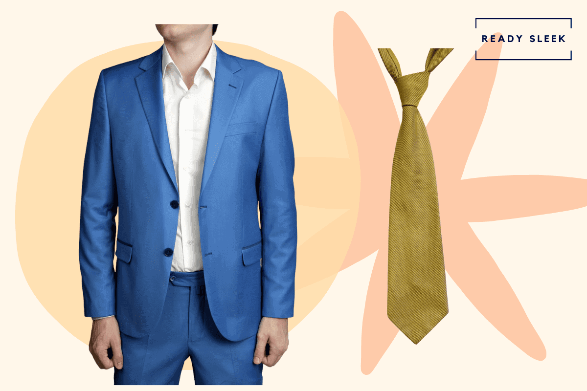 Medium blue suit with gold tie