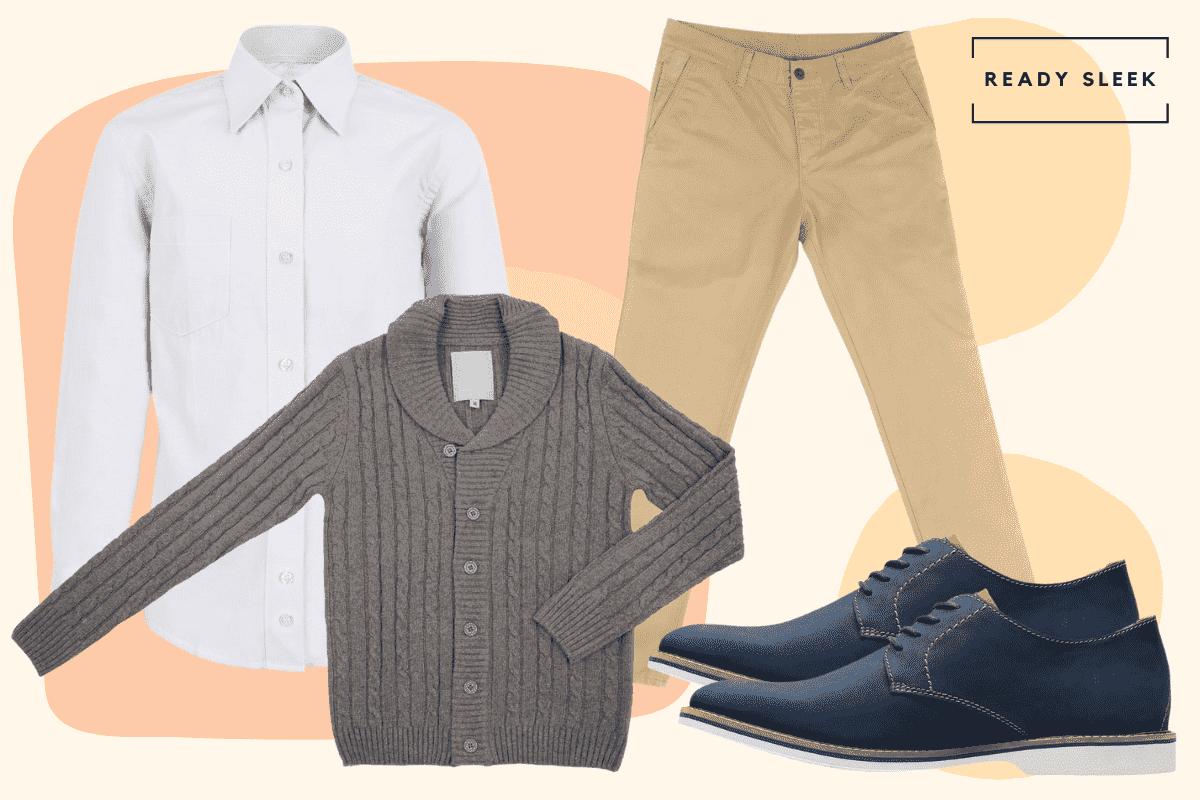 White casual shirt with khaki pants, grey cardigan and blue suede derby shoes