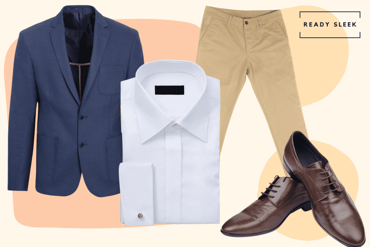 White shirt with khaki pants, navy blue blazer and dark brown shoes