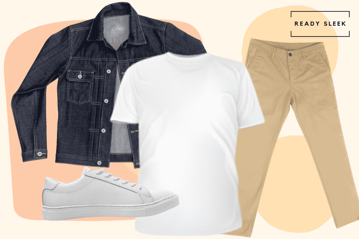 White tshirt with denim jacket, khaki pants and white sneakers