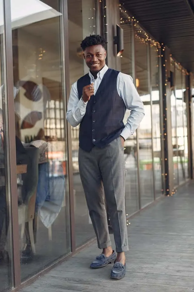 What Pants To Wear With Loafers? A Guide to Choosing Pants to Wear! 5 casual suede loafers with slacks and waistcoat pexels min.jpeg