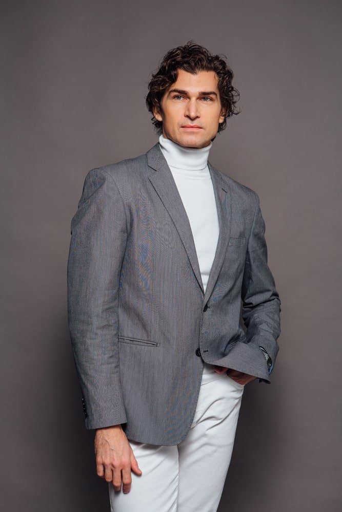 grey dress pants with white turtleneck