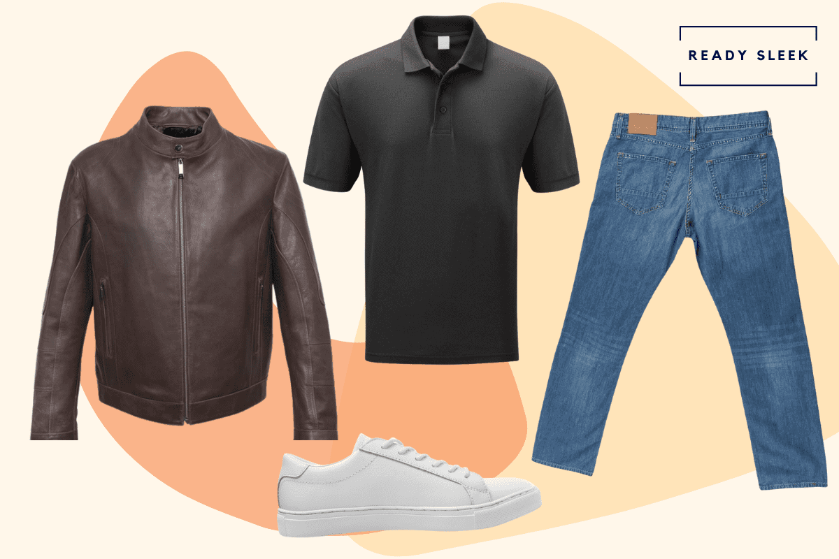 Black polo shirt with brown leather jacket, medium blue jeans and white sneakers