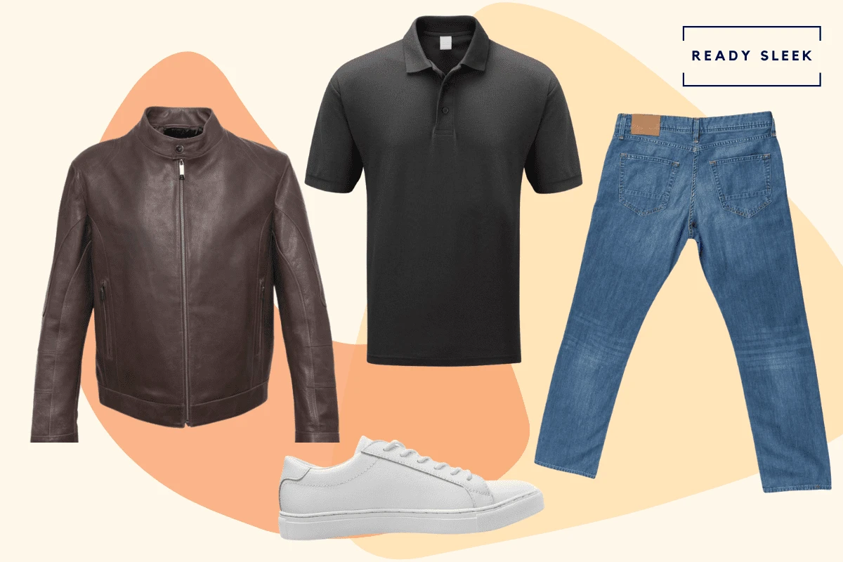 Black polo shirt with brown leather jacket, medium blue jeans and white sneakers