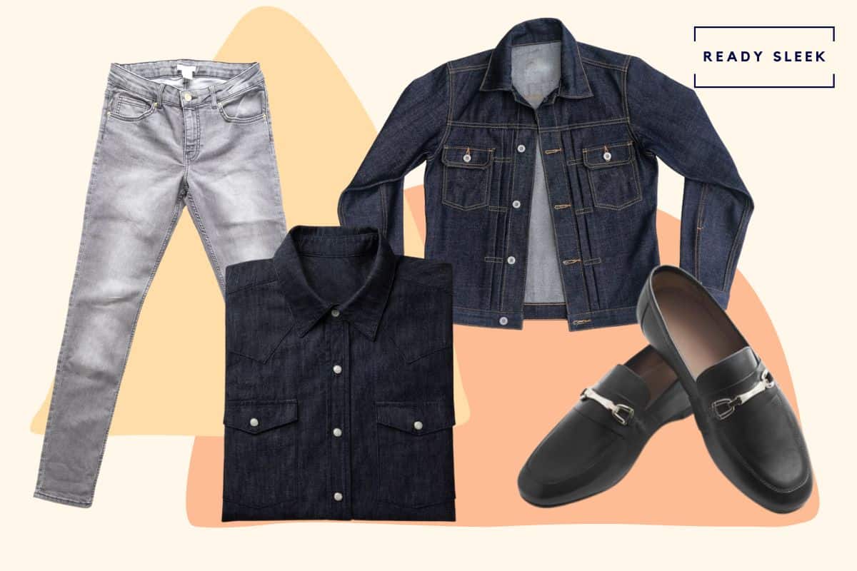 Black shirt with grey jeans, black horsebit loafers and denim jacket