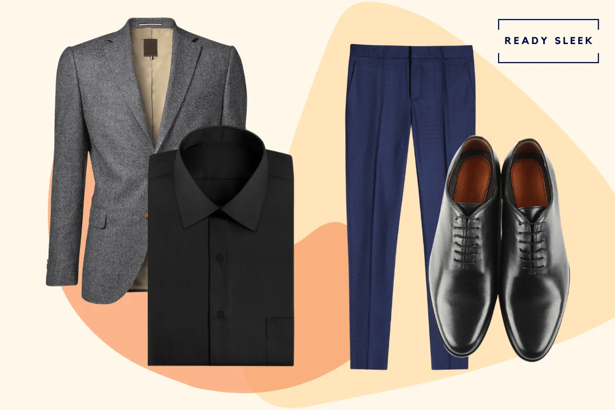 Black shirt with navy blue pants, dark grey blazer and black oxford shoes