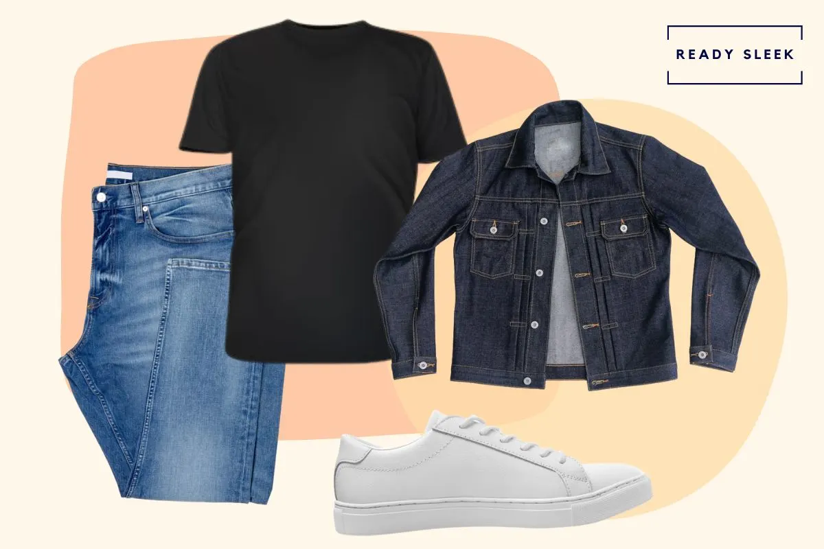 Black tshirt with light blue jeans, denim jacket and white sneakers
