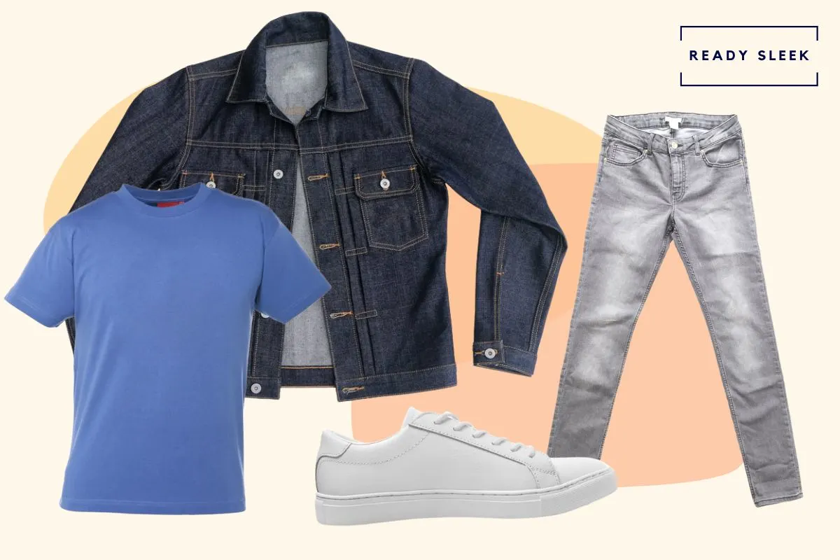 Blue tshirt with grey jeans, white sneakers and denim jacket