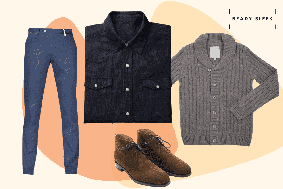 Casual black shirt with navy chinos, grey cardigan and brown chukka boots