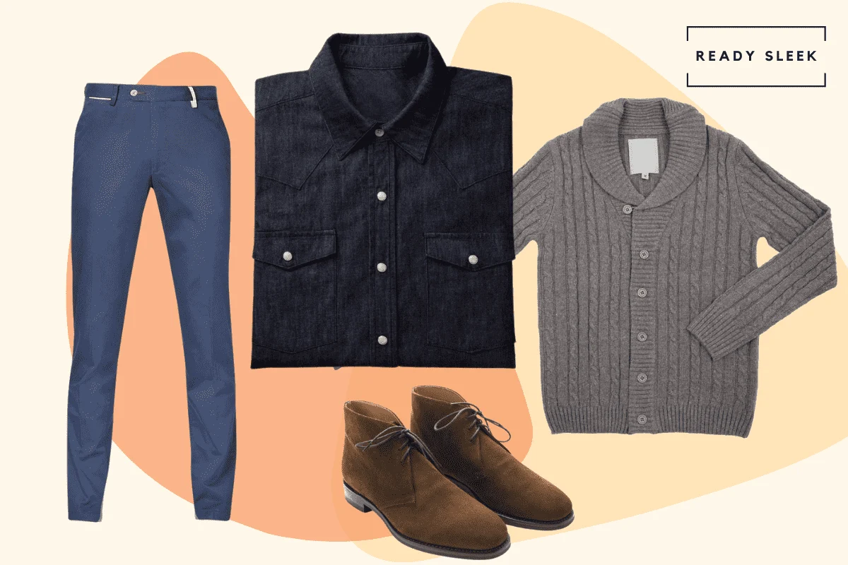 Casual black shirt with navy chinos, grey cardigan and brown chukka boots