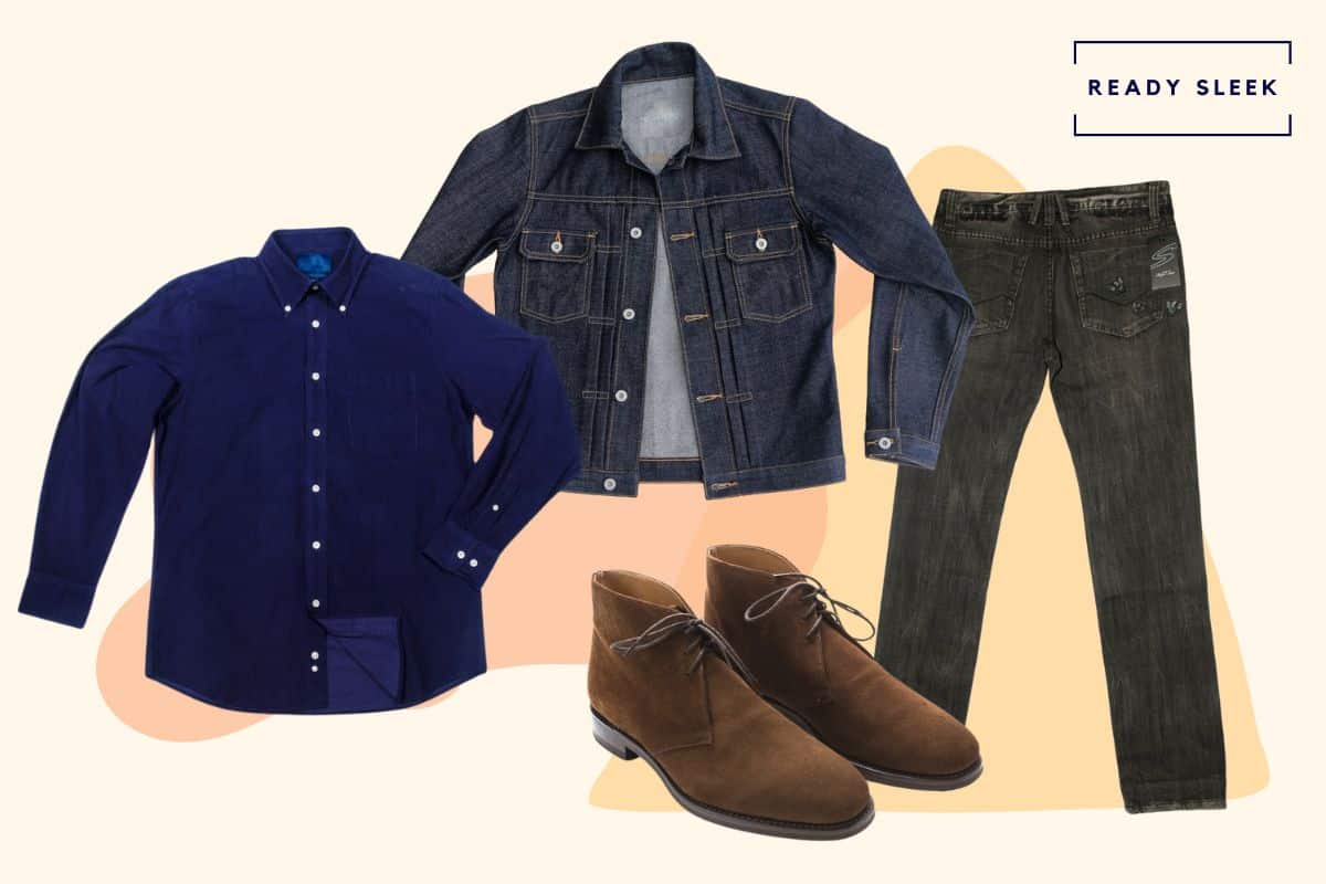 Casual navy shirt with black jeans, denim jacket and brown chukka boots