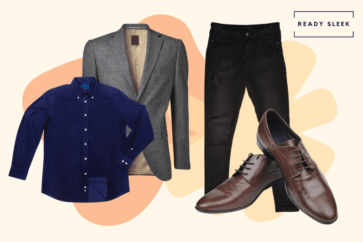 Casual navy shirt with dark grey blazer, black jeans and dark brown dress shoes