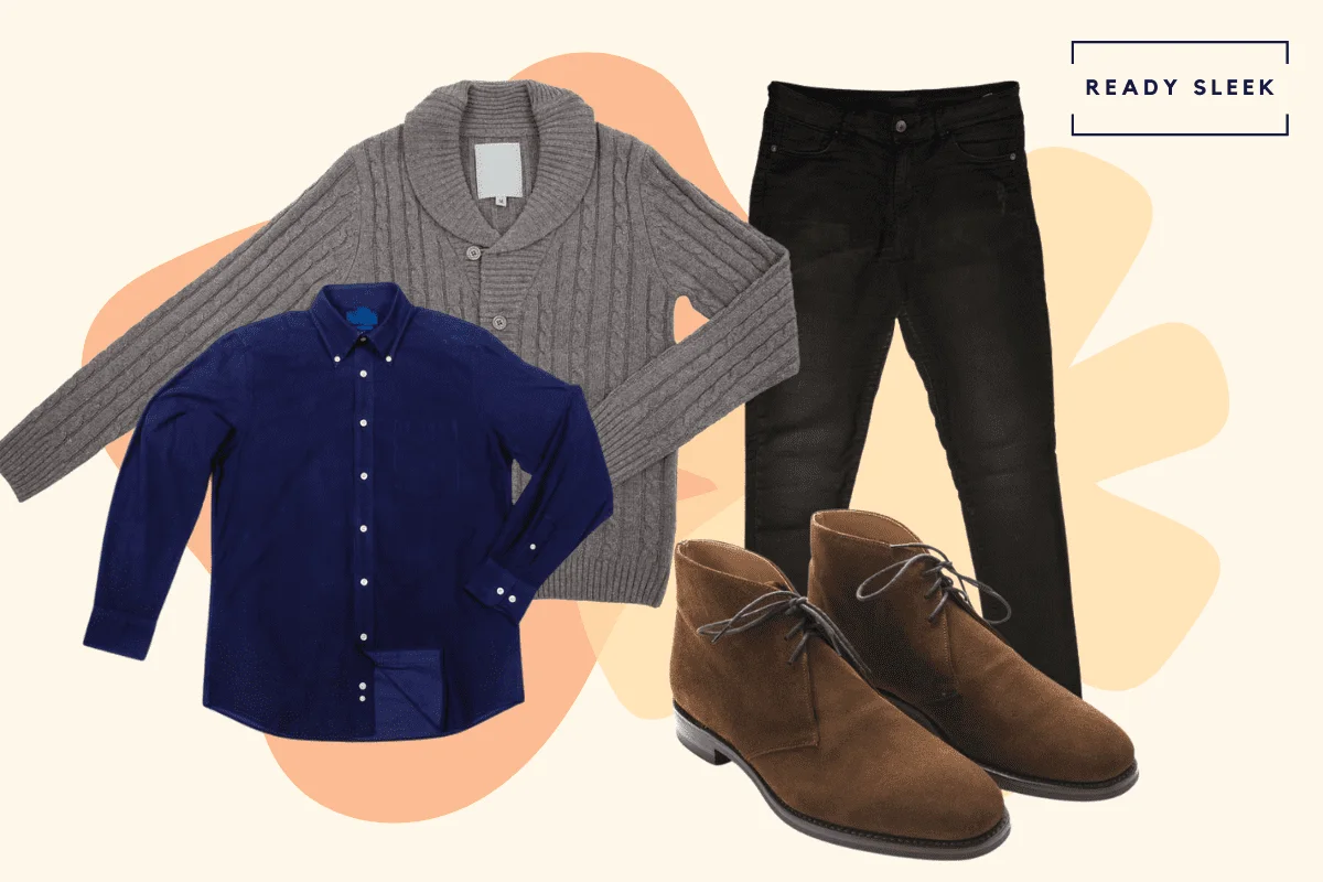 Casual navy shirt with grey cardigan, black jeans and brown chukka boots