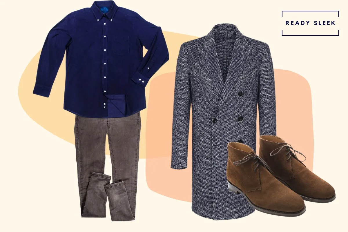 Casual navy shirt with mid grey jeans, brown chukka boots and grey overcoat