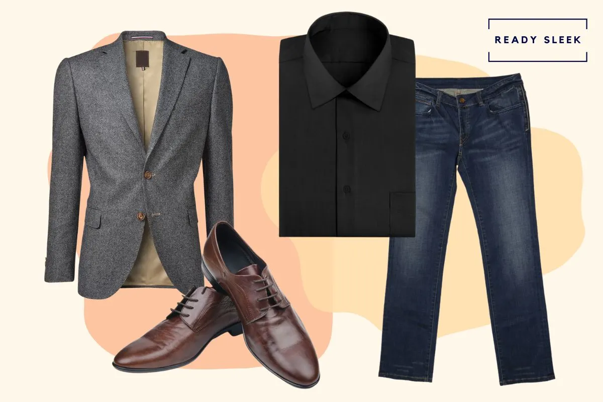 Dark blue jeans with black shirt, dark grey blazer and dark brown shoes