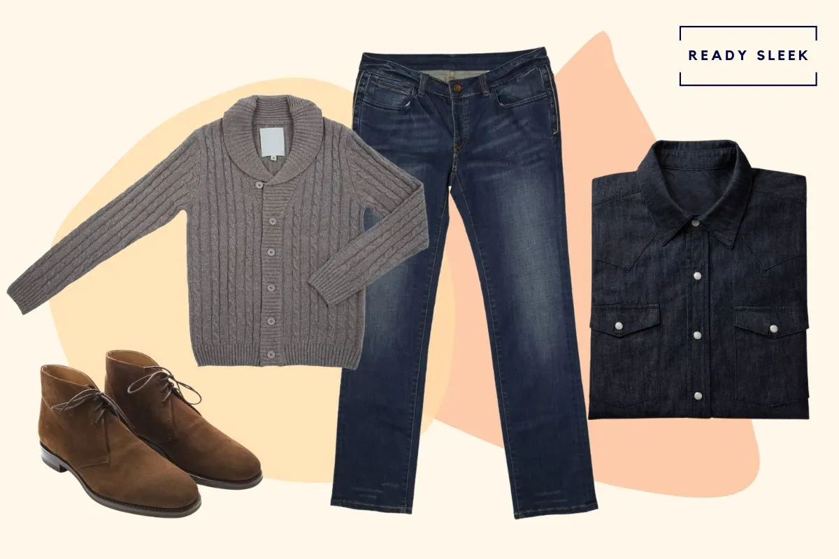 Dark blue jeans with black shirt, grey cardigan and brown chukka boots