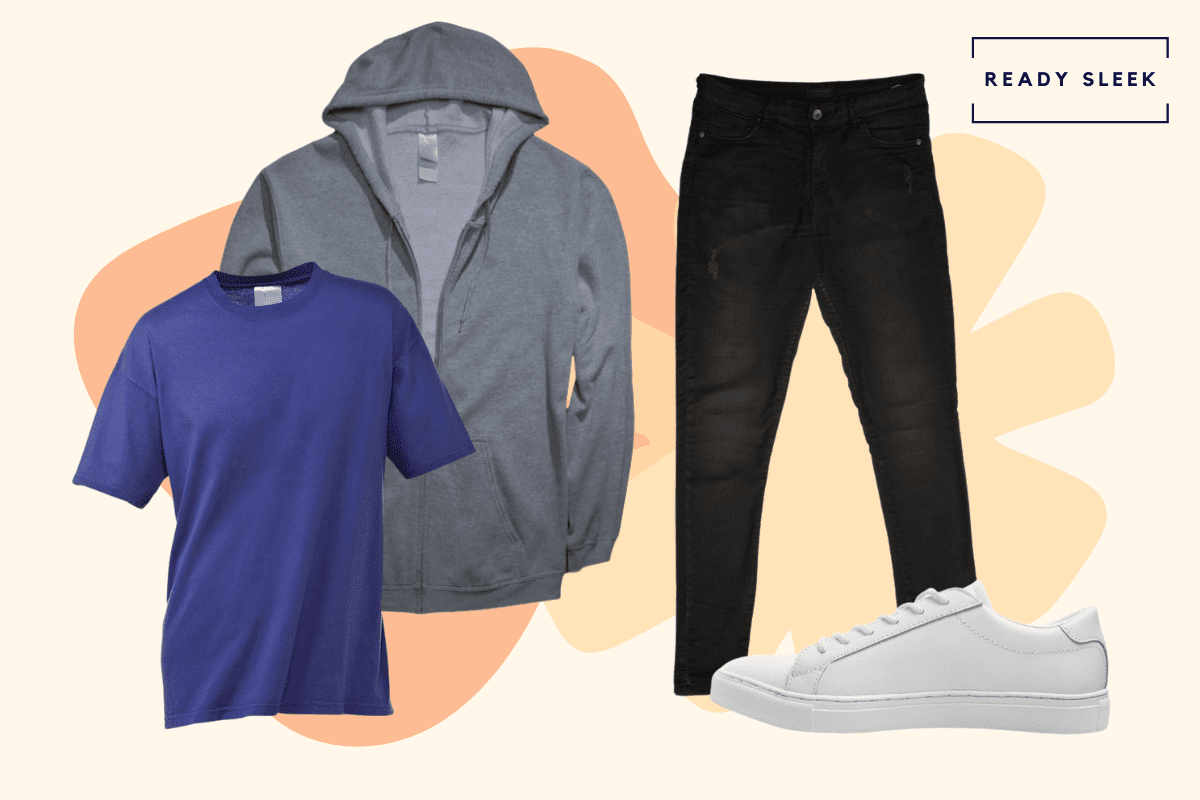 Dark blue tshirt with zipped hoodie, black jeans and white sneakers