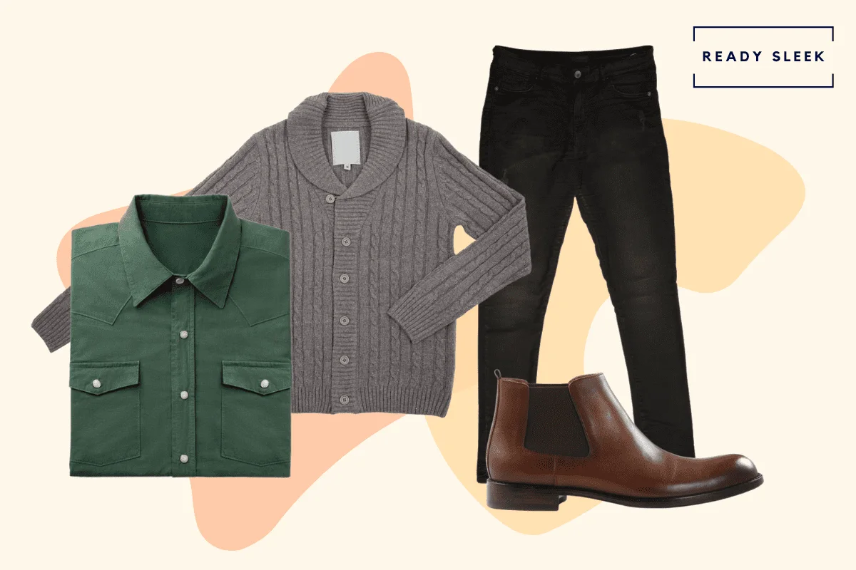 Dark green shirt with black jeans, grey cardigan and brown chelsea boots