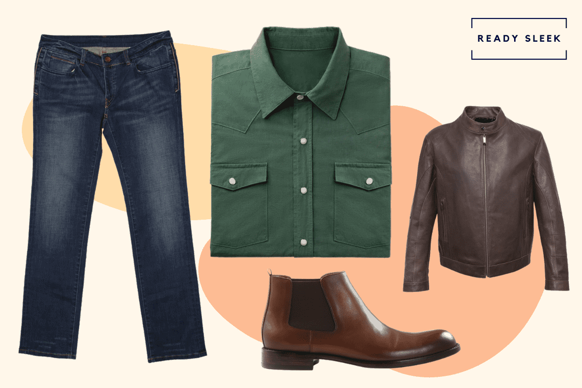 Dark green shirt with dark blue jeans, brown chelsea boots and brown leather jacket