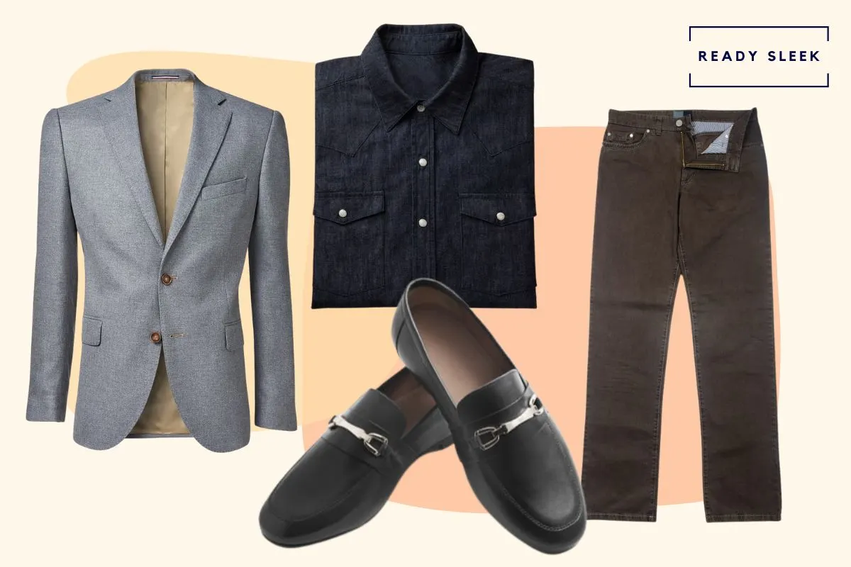 Dark grey jeans with black shirt, black horsebit loafers and grey blazer